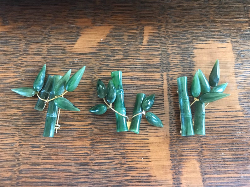 Sweet Vintage Asian Carved Jade Bamboo Brooch