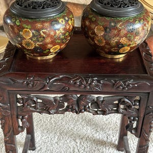 Vintage Chinese Cloisonne Bowls with Pierced Wooden Lids, Floral Enamel Pair