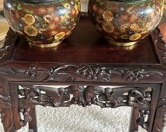 Vintage Chinese Cloisonne Bowls with Pierced Wooden Lids, Floral Enamel Pair