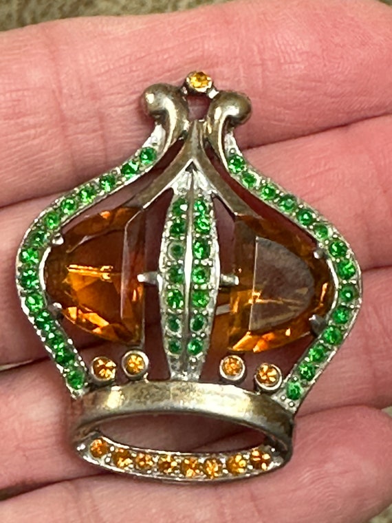 Colorful Vintage Jeweled Sterling Crown Brooch TRI