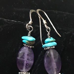 Lovely Natural Amethyst , Turquoise and Sterling Dangle Earrings
