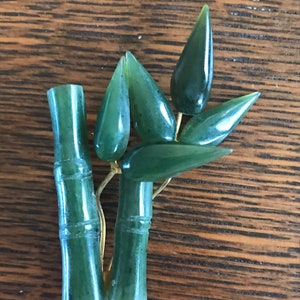 Sweet Vintage Asian Carved Jade Bamboo Brooch