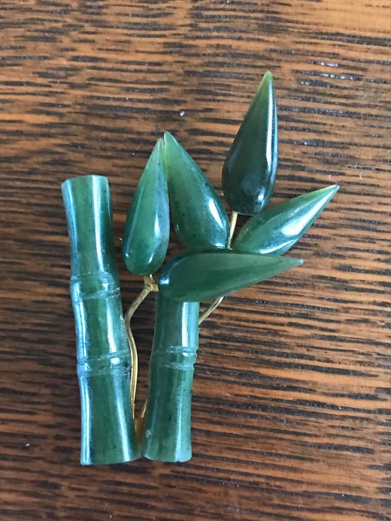 Sweet Vintage Asian Carved Jade Bamboo Brooch