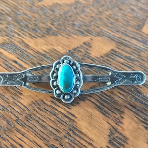 FRED HARVEY Style Navajo Silver and Turquoise Bar Pin
