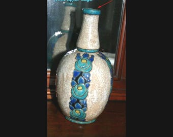 Charles Catteau ART DECO Enamel Floral Pottery Vase for  Boch Freres Circa 1924