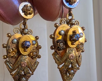 Authentic Victorian Gold Earrings: Sapphire, Pearl, Romantic Period