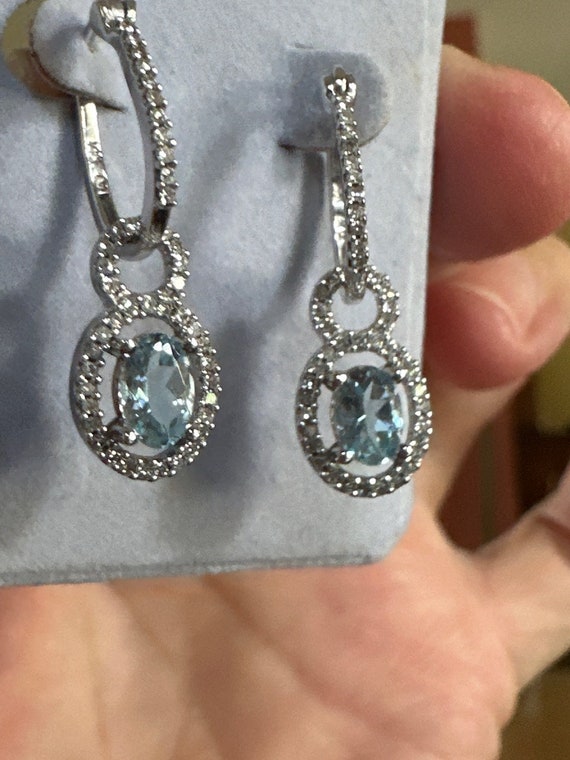 Sparkly Diamond and Aquamarine dangle earrings 14k