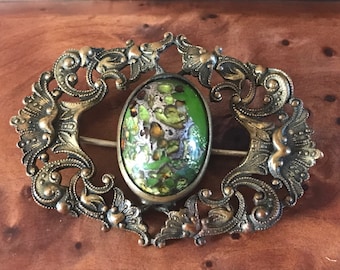 Pretty Art Nouveau Brooch: Green Art Glass Cabochon, Baroque Design