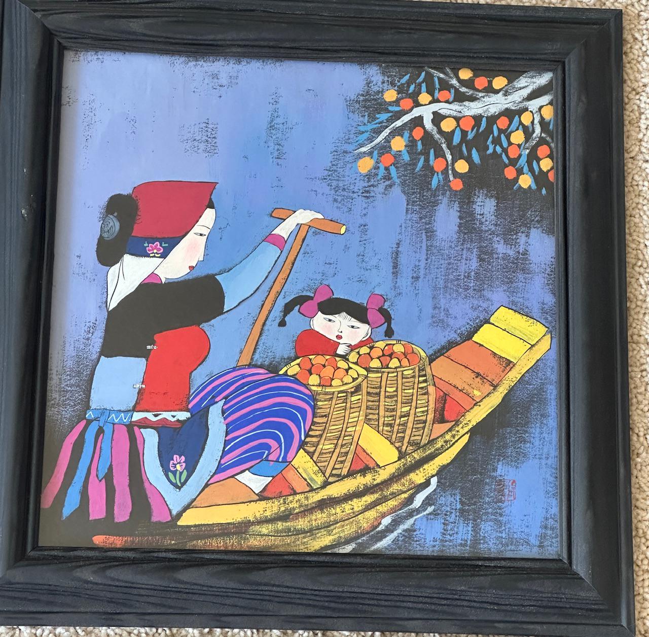 Wu Chi Yong Gouache Painting: Chinese Modernist Mother & Child in