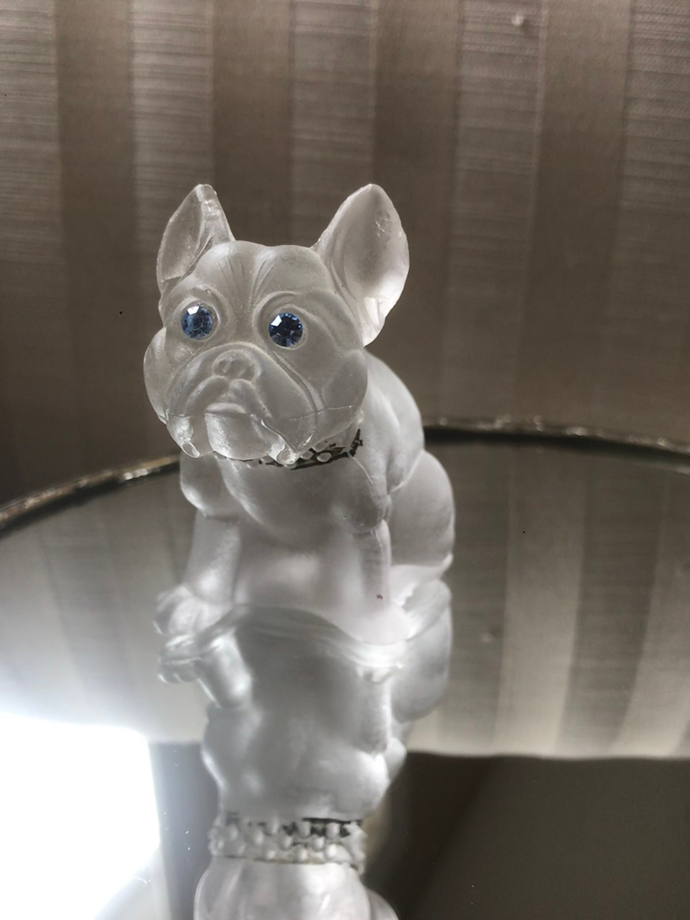 Antique Czech Frosted Glass French Bulldog Figurine With Jeweled