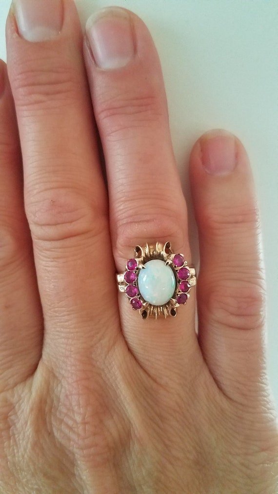 Gorgeous Art Deco Opal and Ruby Ring in Gold 1930… - image 8