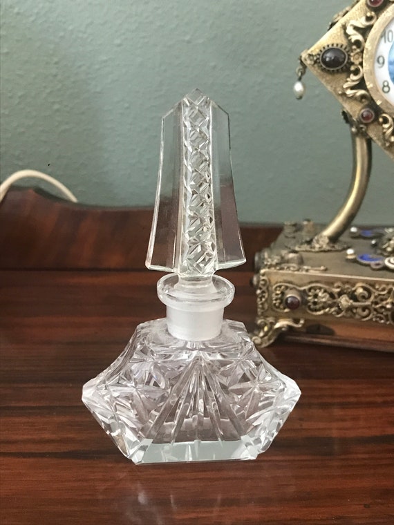 Art Deco Crystal Cut Glass Perfume Bottle Gem