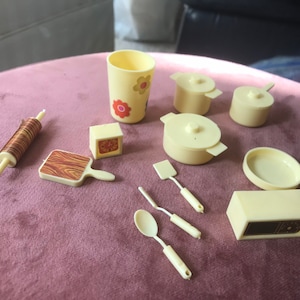 Vintage 1970s Barbie Cookware and Kitchen Accessory Set in Yellow
