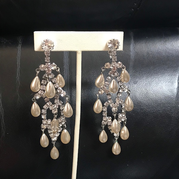 Great Gatsby Style Art Deco Pearl Drop and Rhinestone Chandelier Earrings