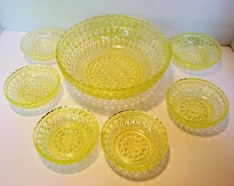 Vintage EAPGUS Glass Green Colorado Pattern 9 Piece Footed Berry Bowl Set with Gold Accents