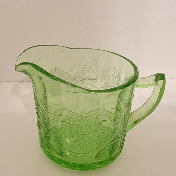 Green Jeannette Glass "Floral" aka "Poinsettia" Depression Era Creamer