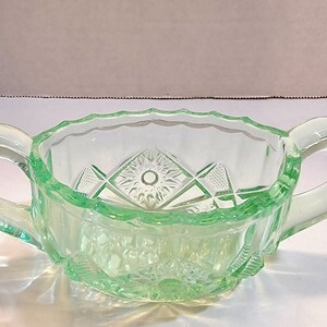 Vintage Light Green Imperial Glass ? Pressed Glass Double Handle Sugar Bowl