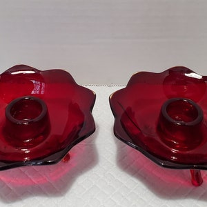 Pair of Amberina Fenton &quot;Lotus&quot; 3-Toed Candlesticks