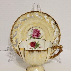 Wales China Square Footed Yellow Lusterware Teacup and Reticulated Saucer / Japan