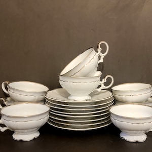 Eight (8) Hutschenreuther  Saladmaster "Wedding Band" Cup and Saucer Sets / Germany