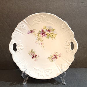 Antique Porcelain Cake Plate With Purple Flowers and Embossed Leaves