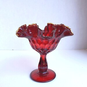 Vintage Ruby Red Fenton Thumb Print Footed Ruffled Compote / Original Fenton Paper Label