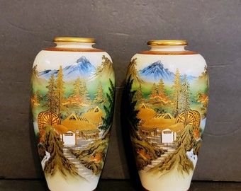 Pair of Beautiful 9-1/2" Soko China Hand Painted Earthenware Satsuma Vases / Japan