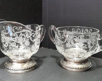 Cambridge Glass Chantilly Etch Sugar and Creamer / Sterling Silver Base