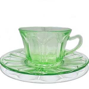 Five (5) Green Hocking Glass &#39;Colonial&quot; / &quot;Knife & Fork&quot;  Cup and Saucer Sets