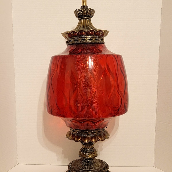 Vintage Mid-Century Original Carl Falkenstein Table Lamp / Cherry Red Glass Shade