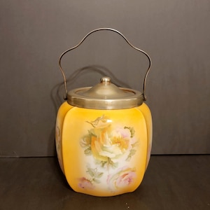 Antique Orange Floral English Biscuit Barrel With Lid