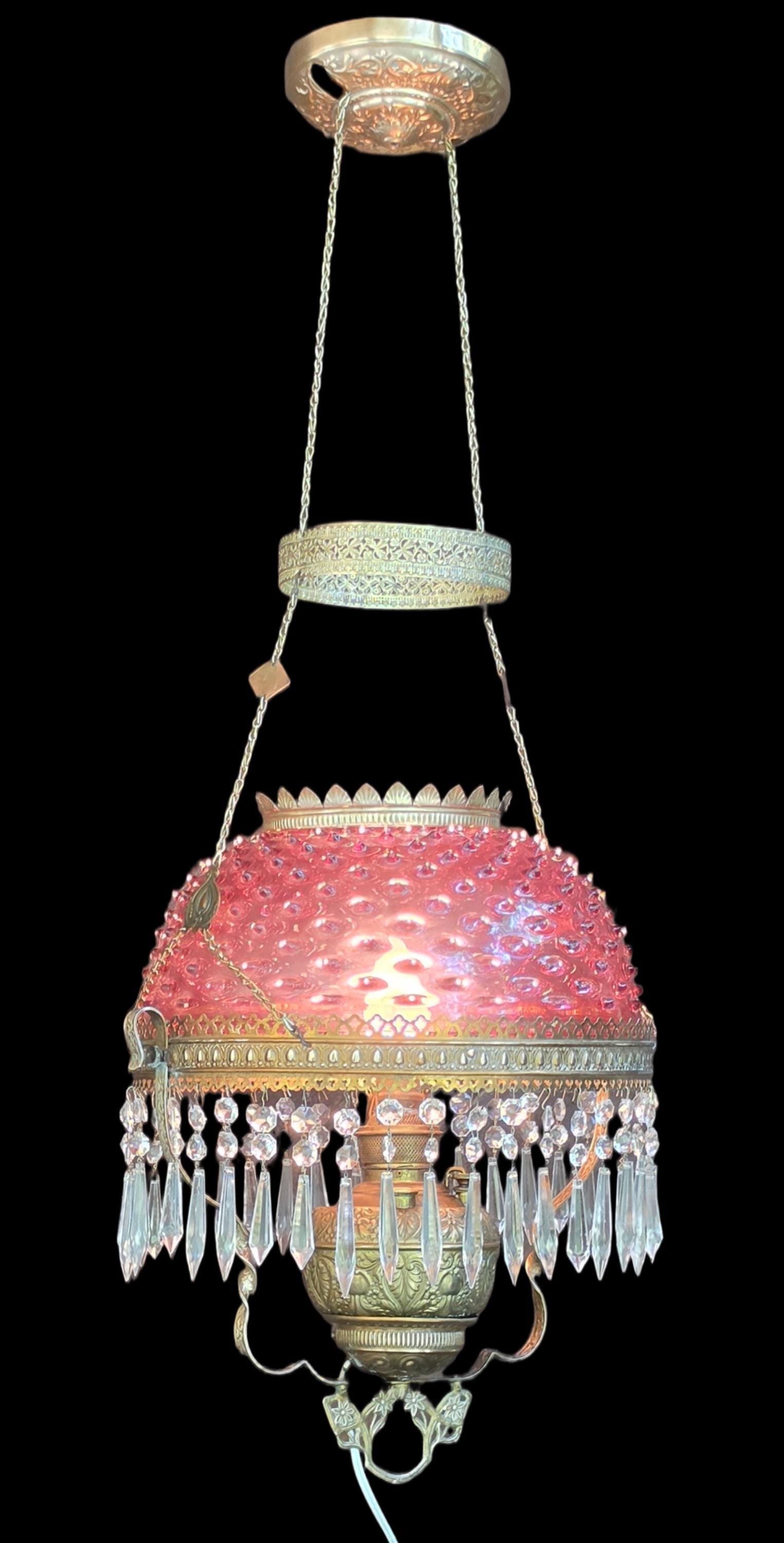 Victorian Cranberry Hobnail Hanging Lamp: Meriden 