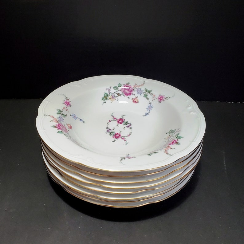 8 Set of Eight Wloclawek Floral Porcelain Rim Soup Bowls Poland Roses