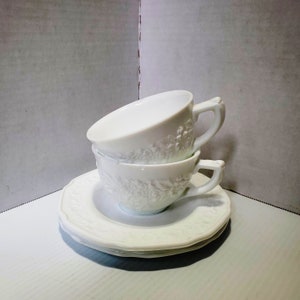 Two (2) Indiana Glass Orange Blossom Milk Glass Cup & Saucer Sets