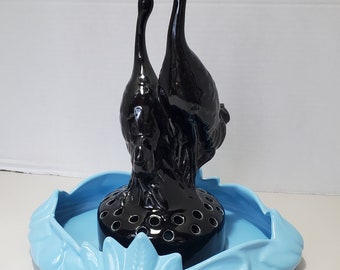 Antique Black Camark Pottery &quot;Heron&quot; Flower Frog with Blue Camark Pottery Bowl