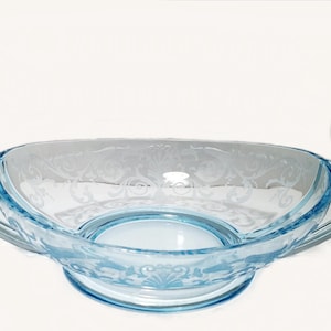 Fostoria "Versailles" Etched Azure Blue 14" Oval Two-Handle Scroll Console Bowl