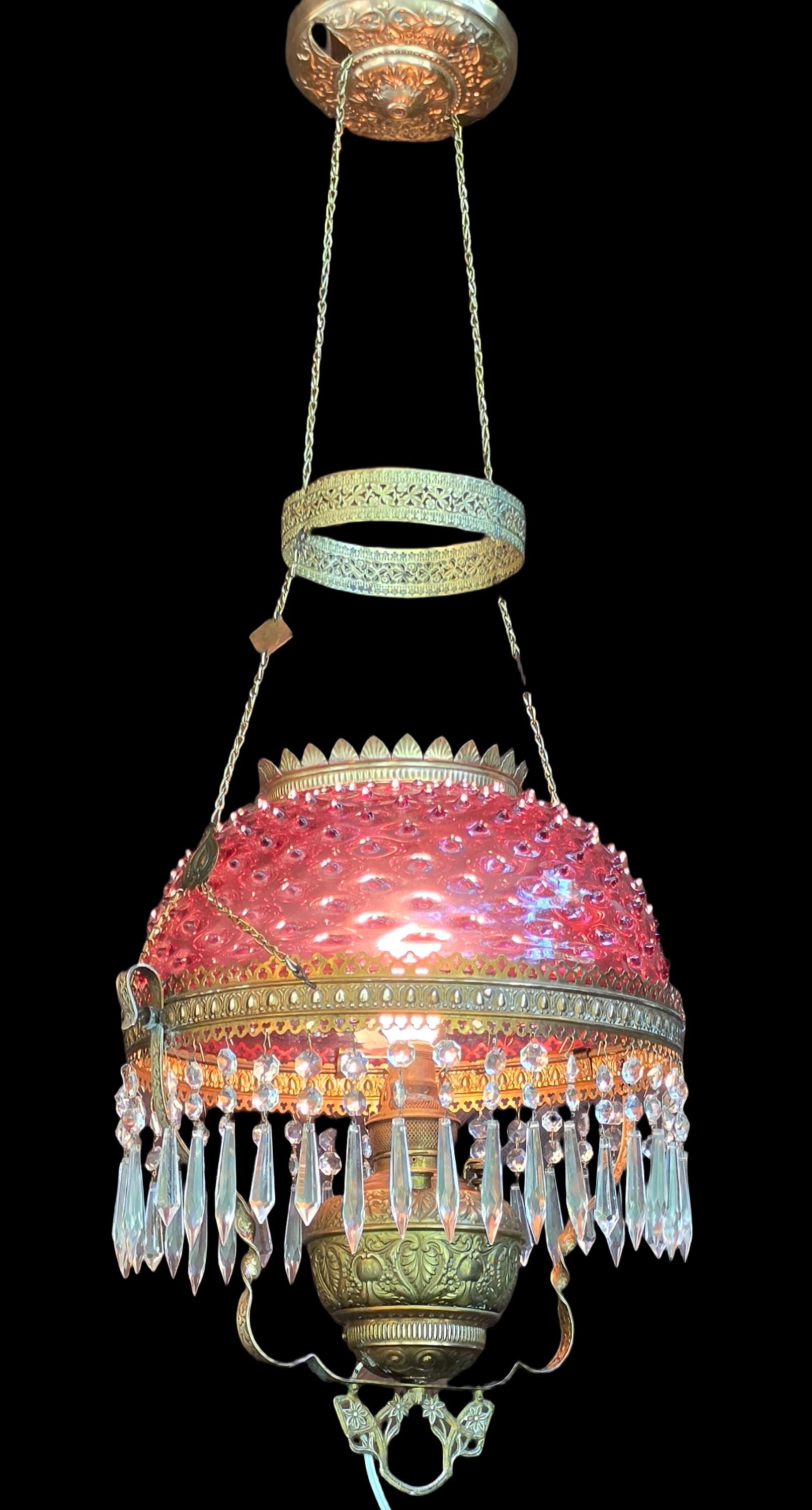 Victorian Cranberry Hobnail Hanging Lamp: Meriden 