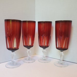 Five (5) Luminarc Cristal D&#39;Arques / Durand &quot;Gothic&quot; Red And Clear 6 Oz. Wine Stems / France