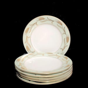 Six (6) - 6-3/8&quot; Noritake &quot;Alice&quot; Bread & Butter Plates / Gold Wheat Sheafs / Mint Green Band  Two Sets Available / Made In Japan