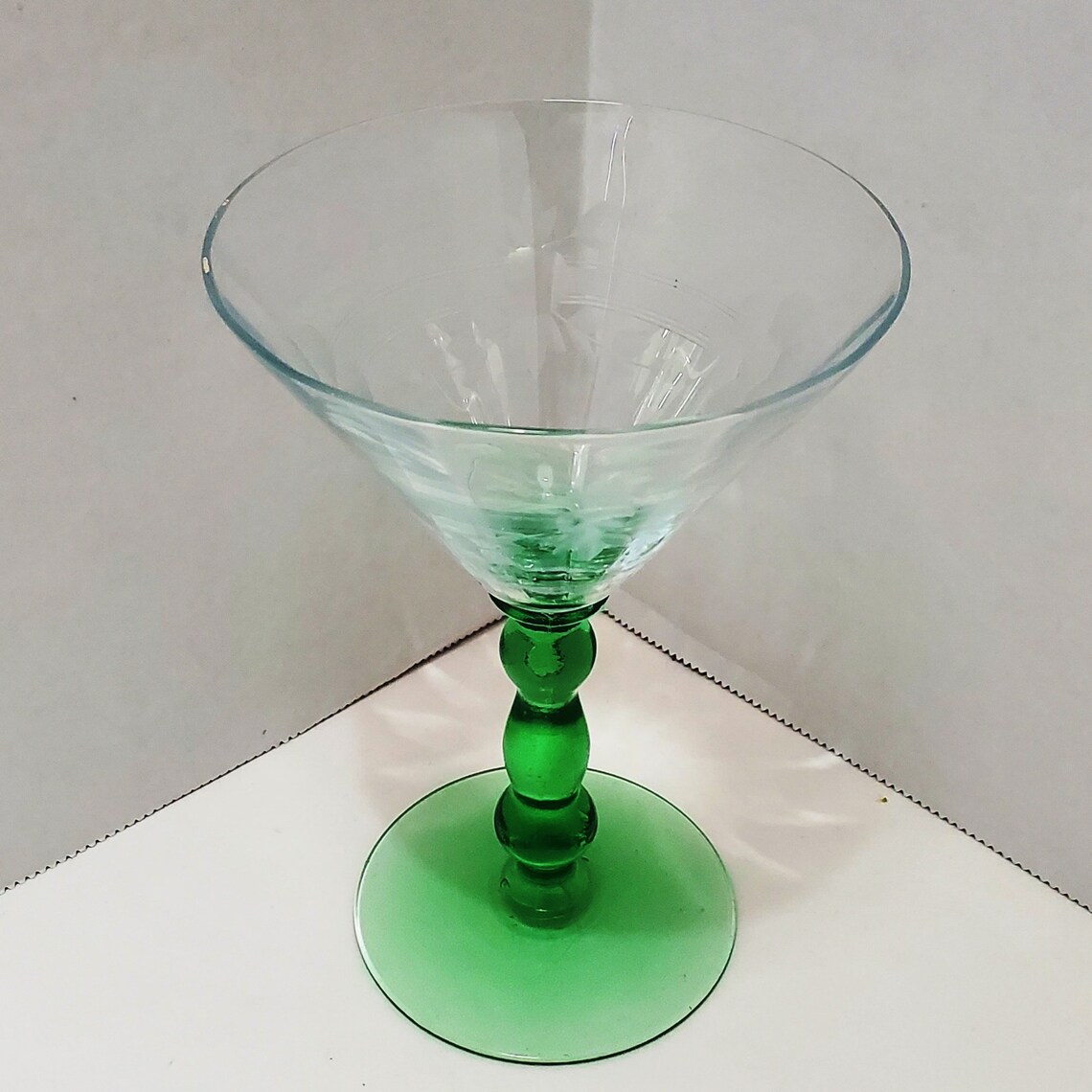 Vintage Green & Clear Floral Etched Martini Glass Stem Etsy