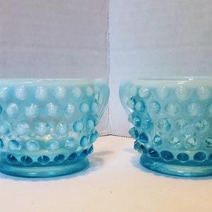 Pretty Individual Blue Opalescent Fenton Hobnail Sugar and Creamer