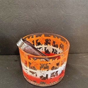 Mid-Century Ice Bucket With Painted Flower Arbor And Metal Tongs