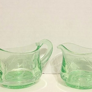 Green Etched Individual Sugar & Creamer / Uranium Glass