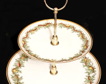 Fitz & Floyd Two (2) Tiered "St Nicholas" Snack Tray / Pine Border With Berries / Toys / Circa 1978