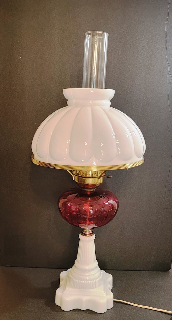 Vintage Cranberry Table Lamp With Milk Glass Base 9 7 8 White