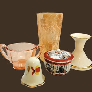 Jeannette Tree Bark Variant Tumbler / Lenox "Eternal" Candlestick / Kutani Covered Tea Cup / Jewel Tea Pepper Shaker / Pink Depression Sugar