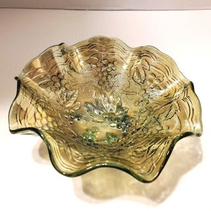 Small Helios Green Imperial Grape Carnival Glass Bowl