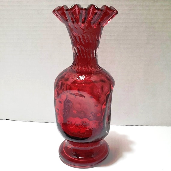 Ruby Red Fenton Dot Optic Pinched Ruffled Vase / Original Paper
