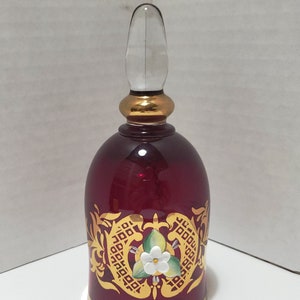 Ruby Red Bohemian Crystal Bell With Applied Flower / Gold Accents