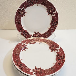 Four (4) -7&quot; Gibson &quot;Holiday Time /Poinsettia Rim&quot; Bread & Butter Plates